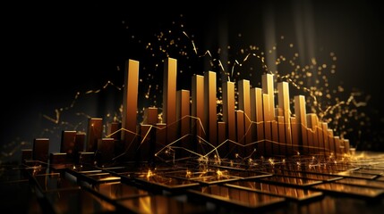 Dynamic 3D financial bar graph with soaring golden columns, representing growth, investment success, and market data in a visually striking way. - obrazy, fototapety, plakaty