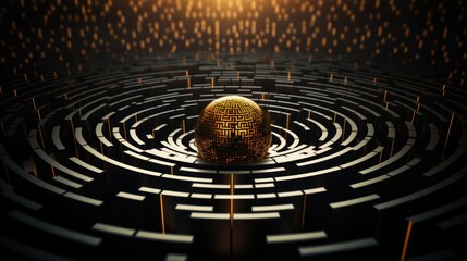 A conceptual image of a complex maze with golden edges and a central glowing sphere, symbolizing challenge and solution. - obrazy, fototapety, plakaty