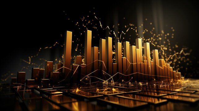 Dynamic 3D financial bar graph with soaring golden columns, representing growth, investment success, and market data in a visually striking way.