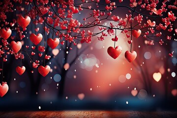 valentines day background image, red hearts hanging from a tree