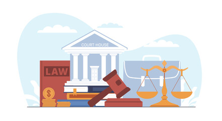 Concept of justice, courthouse, gavel, law book and scales. Services of lawyer, attorney or notary, jurisprudence and legislation. State institutions. Supreme court. Vector illustration - obrazy, fototapety, plakaty