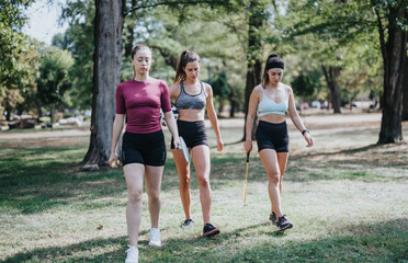 Fit and exhausted athletes, after training outdoors, taking a break in a city park. Enjoying the sunny day, they engage in a conversation, discussing their fitness goals.