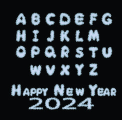 English alphabet. Happy New Year 2024. Cartoon fantasy new year font. Snowy frosty capital letters on a black background.