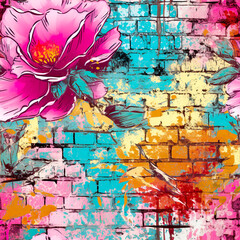 Grunge Floral Graffiti Bricks Wall Digital Paper, Seamless Patterns, Digital Background. Generative Ai