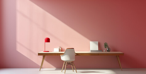 minimalist interior design shades of pink and red, dining room with red chairs