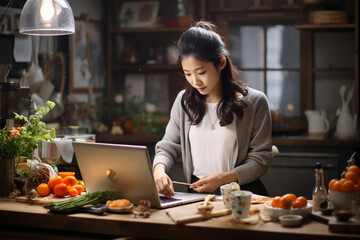 Asian woman preparing food in kitchen using online master class on laptop