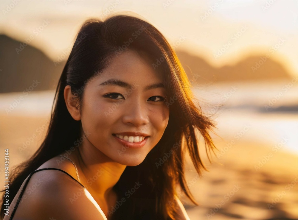 Poster Asian smiling model wearing bikini on the beach