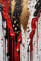 The paint runs down the white background. Black paint, Gold paint, Red paint