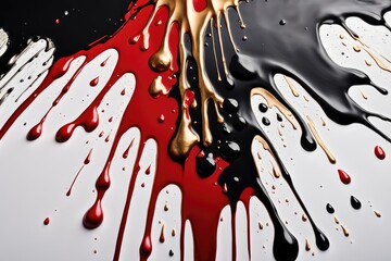 The paint runs down the white background. Black paint, Gold paint, Red paint
