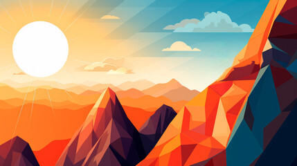 Sunrise over the geometric mountain range. Geometric mountain range basking in the glow of sunrise. It represents a conceptual scene that is generic.