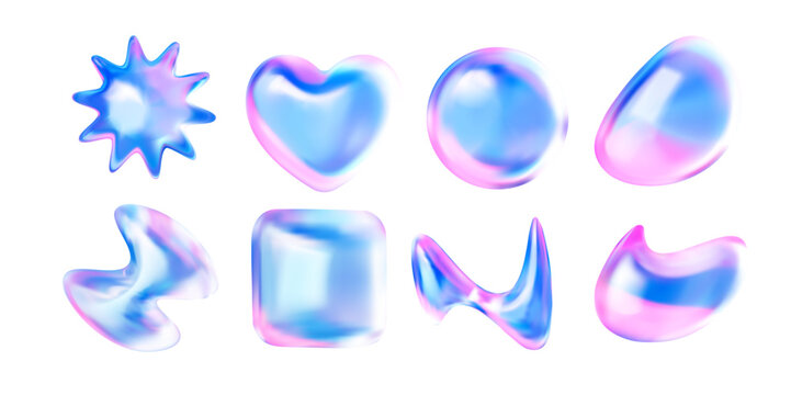 3D Liquid holographic elements. A star, a heart, a circle and a drop. Vector set glass shape