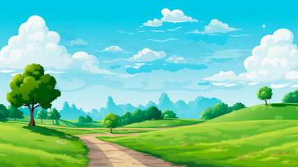 Obraz premium Sunny countryside road. Vibrant cartoon-style countryside road with lush greenery. It portrays a simple, non-specific, generic scene.