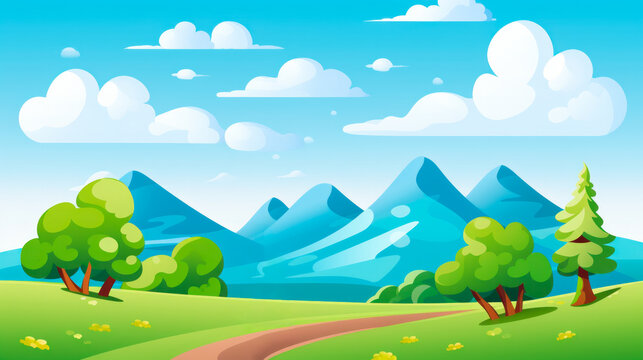 Cartoon valley landscape. Vibrant cartoon landscape with mountains and trees.