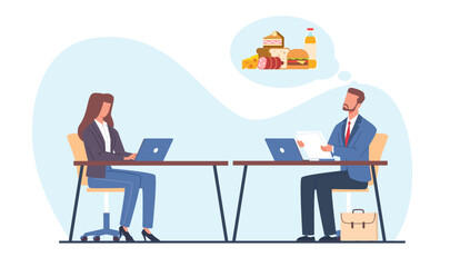 Hungry businessman in office is thinking about food. Man dreaming about hamburger and soda drink at workplace. Manager want to eat. Dinner time. Cartoon flat isolated vector concept