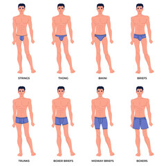 Men underwear on body set. Different types male underpants, popular models presentation, front view, everyday clothes elements, strings, thong and bikini. Briefs and boxers. Vector concept - obrazy, fototapety, plakaty