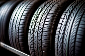 Fototapeta premium Group of new tires for sale at a tire store,close up
