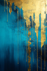 a blue painting with yellow and gold paint, in the style of dark gold and dark aquamarine created with Generative Ai