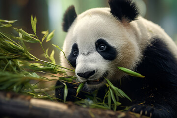Giant panda eating bamboo in the bamboo forest background.