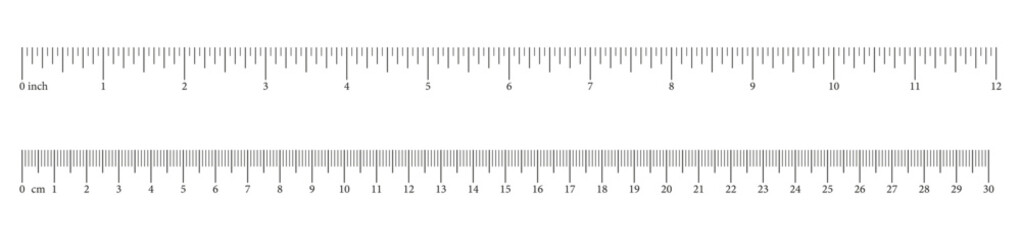 Measuring charts with 30 centimeters, 12 inches. Rulers scale with numbers. Length measurement math, distance, height. Set of sewing tool. Vector illustration.