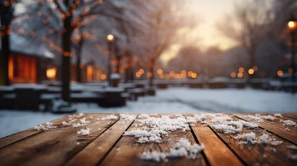 Fotobehang White Snow on wooden table for product presentation. Winter scenic landscape illustration.  © kanpisut