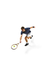 Top view. Concentrated man in his 30s, tennis athlete in motion during game,. practicing isolated over white background. Concept of professional sport, competition, game, math, hobby, action