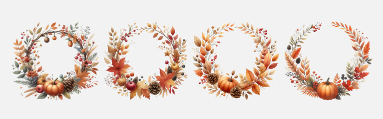 Set of autumn wreath of watercolor leaves, branches, berries and acorns. Vector fall illustration for greeting cards, wedding invitations, quotes and decorations. © ku4erashka