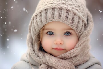 A cute girl in the snow , A cute little girl is wearing a furry hat and scarf in winter Ai generated
