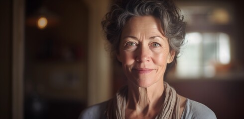 beautiful 50s mid aged mature woman smiling at home skin care beauty, skincare cosmetics concept.