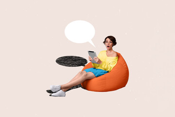 3d retro abstract creative artwork template collage of surprised female chat tablet speech bubble bizarre unusual fantasy billboard comics