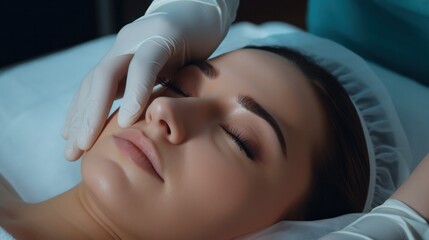 Cosmetic surgery, beauty, Surgeon or beautician touching woman face, surgical procedure that involve altering shape of eye, medical assistance, eyelid surgery, double eyelid, big eyes, ptosis