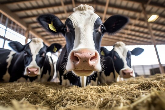 Holstein cows eat hay in a cow barn on a dairy farm of the livestock industry.