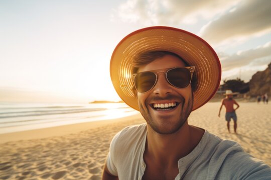 A young male tourist happily takes a selfie, smiling.