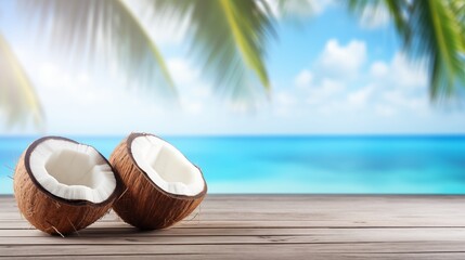 Fototapeta na wymiar open coconut on wooden table with tropical beach background