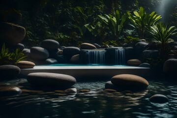 Featuring a Zen-inspired lounge with a low-profile sofa, a tranquil water feature, and a display of smooth river stones. 
