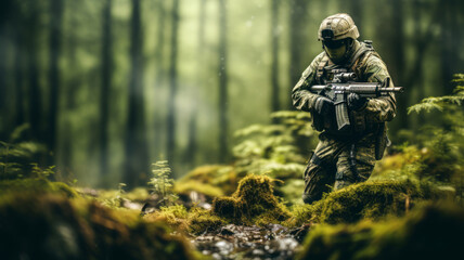 Fototapeta premium Soldier with camouflage and weapon in the forest or jungle background.