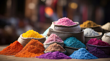 Powder colours food curry blue india spice yellow background asian indian dye red - obrazy, fototapety, plakaty