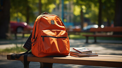 Backpack with school supplies on natural background - obrazy, fototapety, plakaty