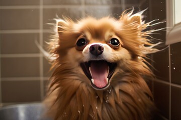 Wet Pomeranian dog with tongue hanging out in the bathroom while taking a shower