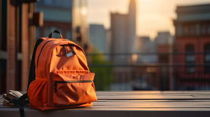 Backpack with school supplies on natural background - obrazy, fototapety, plakaty