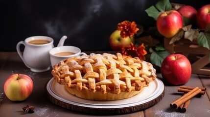 Apple Pie background. National Pie Day, Thanksgiving traditional dessert, autumn bakery concept. .For postcard, banner, wallpaper, backdrop, web, card, poster, cover, print. Copy space.