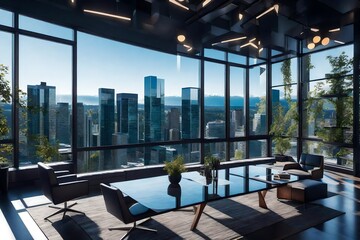 Large windows with panoramic views of the Bellevue landscape.