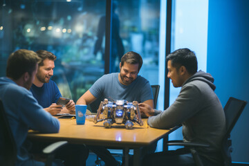 Tech startup founders present a robotics prototype in a boardroom, showcasing innovation, teamwork, and cutting-edge technology in a dynamic setting.