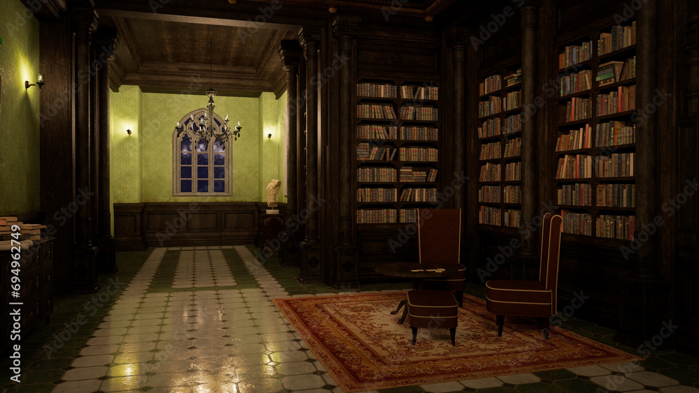 Poster 3d rendering of an old gothic styled library interior with bookcases, table and chairs.