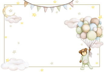 Baby bear. Gender neutral. Birthday, baby shower, children's party. Children's watercolor illustration in pastel colors. Horizontal postcard, poster, banner, invitation, greeting card. The background.