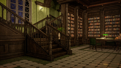 Interior of an gothic styled library in the evening. 3D illustration. - obrazy, fototapety, plakaty