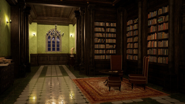 3D rendering of an old gothic styled library interior with bookcases, table and chairs.