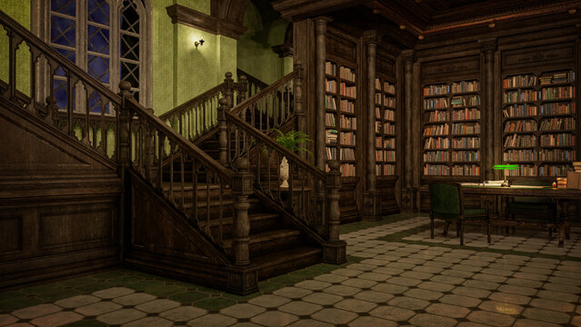 Interior of an gothic styled library in the evening. 3D illustration.