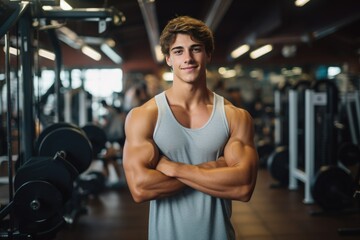 Fototapeta premium Young bodybuilder man at gym, Young male bodybuilder showing his body and posing and doing sports exercises in the gym Ai Generated