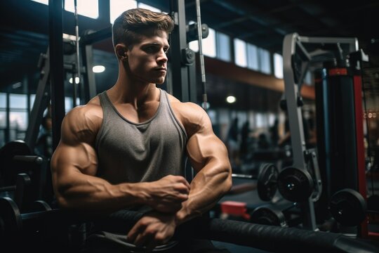 Young bodybuilder man at gym, Young male bodybuilder showing his body and posing and doing sports exercises in the gym Ai Generated