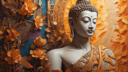 Abstract painting, digital painting, gold element, gold Buddha.